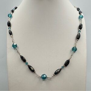 Sterling Silver Abalone Shell Glass Bead Necklace Teal Crystal Accents
